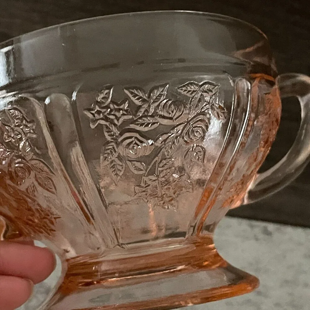 Vintage Federal Glass Pink Sharon Cabbage Rose Creamer Open Sugar Bowl 2-pc Set